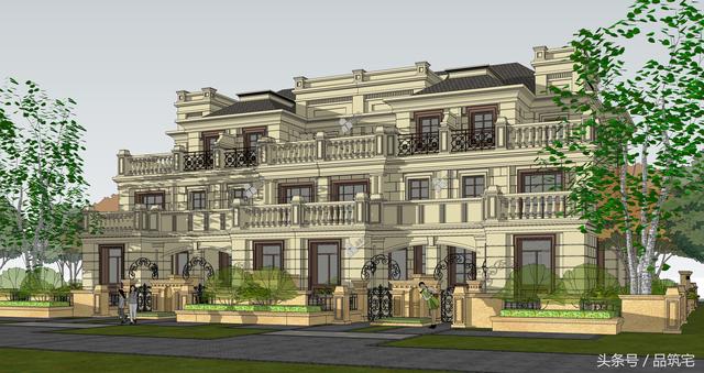 四聯(lián)排法式別墅設(shè)計(jì)圖，花園+庭院，整體造型大氣恢弘