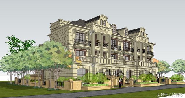 四聯(lián)排法式別墅設(shè)計(jì)圖，花園+庭院，整體造型大氣恢弘