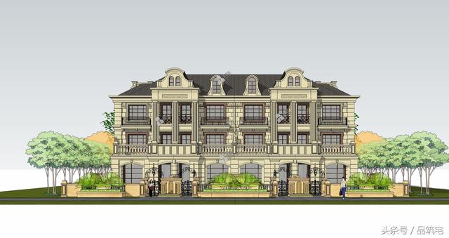 四聯(lián)排法式別墅設(shè)計(jì)圖，花園+庭院，整體造型大氣恢弘