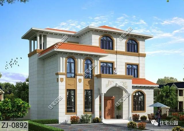 三層歐式農村別墅設計圖，外觀華美，帶大露臺，雙入戶門的設計實用方便