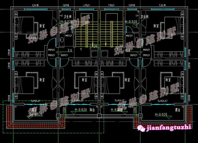 二層雙拼別墅設計高清效果圖全套施工圖紙，四間臥室，帶露臺和陽臺