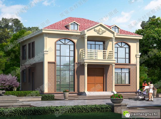 復式二層帶落地窗別致優(yōu)雅農村別墅設計施工圖，25萬左右，12×11米，3廳5臥