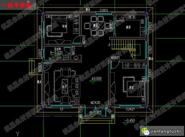 復式二層帶落地窗別致優(yōu)雅農村別墅設計施工圖，25萬左右，12×11米，3廳5臥