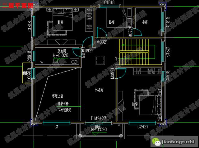 復式二層帶落地窗別致優(yōu)雅農村別墅設計施工圖，25萬左右，12×11米，3廳5臥