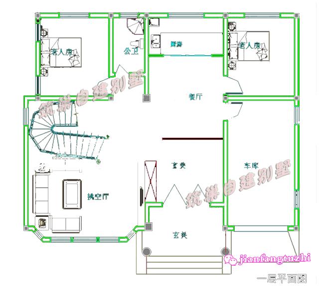三層復(fù)式別墅設(shè)計(jì)圖，150平2廳7臥磚混結(jié)構(gòu)，帶半旋轉(zhuǎn)樓梯+車庫(kù)+露臺(tái)