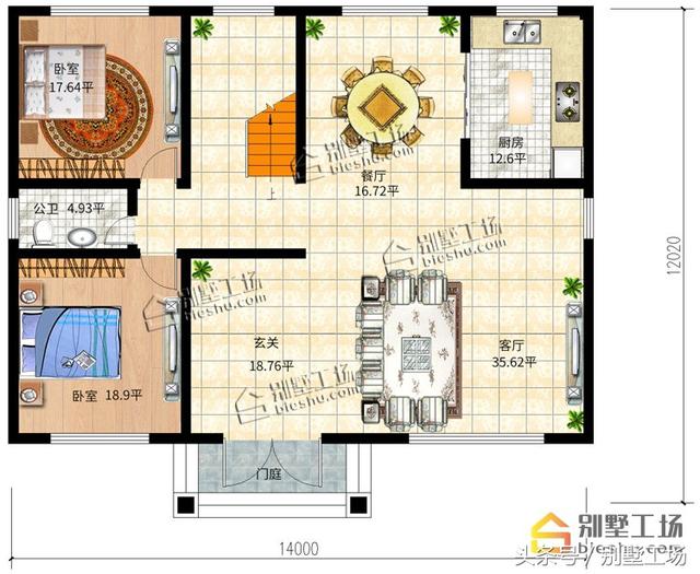 二層簡歐農(nóng)村別墅設(shè)計圖，挑高復(fù)式客廳，配色簡單，整體方正大方