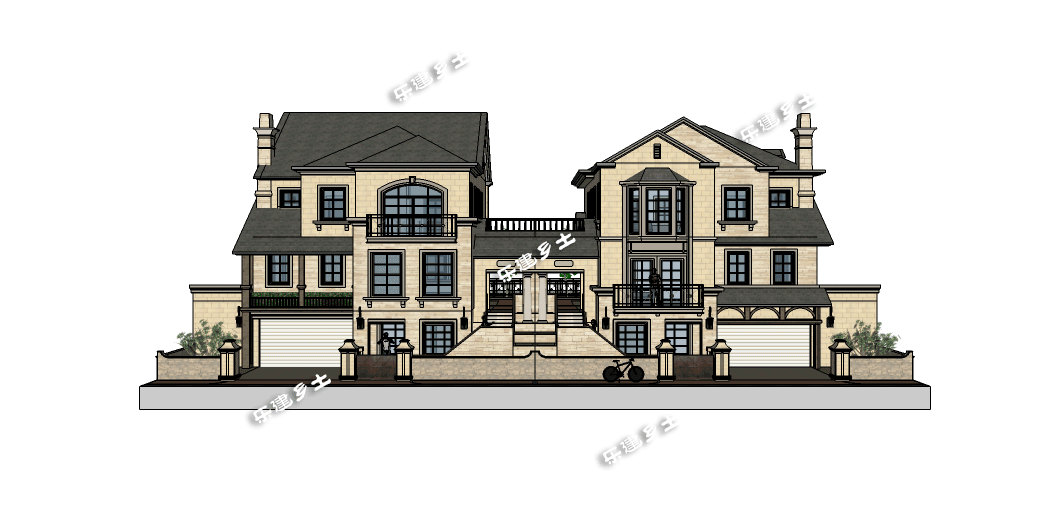 豪華法式雙拼別墅設(shè)計(jì)圖，帶車庫(kù)，適合家境殷實(shí)或者家庭成員較多的家庭參考建造
