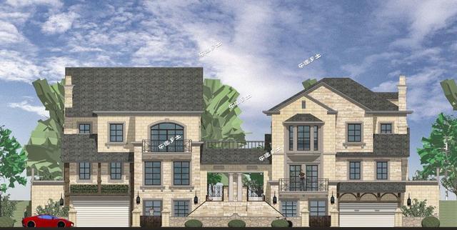 豪華法式雙拼別墅設(shè)計(jì)圖，帶車庫(kù)，適合家境殷實(shí)或者家庭成員較多的家庭參考建造