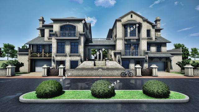 豪華法式雙拼別墅設(shè)計(jì)圖，帶車庫(kù)，適合家境殷實(shí)或者家庭成員較多的家庭參考建造