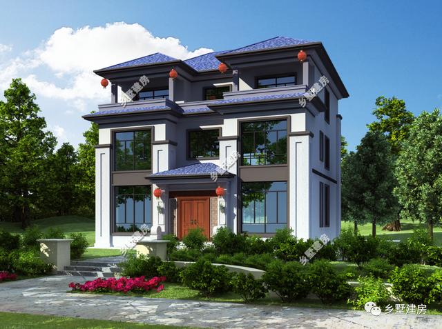 占地166平的三層新中式農村別墅設計圖，堂屋涼亭，造價55萬左右