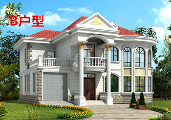 二層樓房圖片及施工圖紙，占地160平米左右，帶車庫