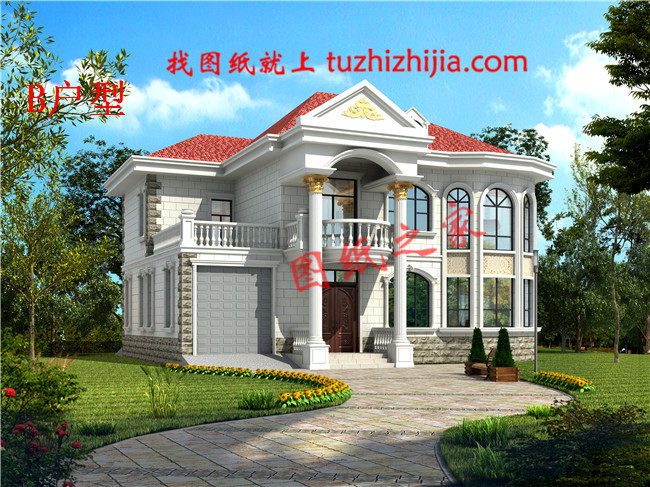 二層樓房圖片及施工圖紙，占地160平米左右，帶車庫