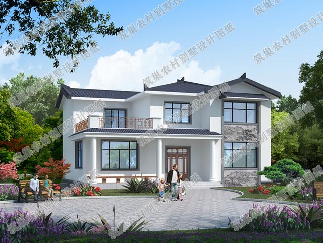 占地面積約150平方米的農(nóng)村二層自建房，帶挑空客廳+落地窗，清爽大方