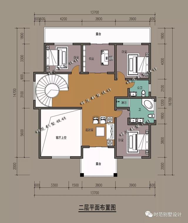 占地160平的復(fù)式三層別墅設(shè)計(jì)圖，內(nèi)帶6間臥室、超大露臺(tái)和書房，大氣美觀，很適合農(nóng)村自建