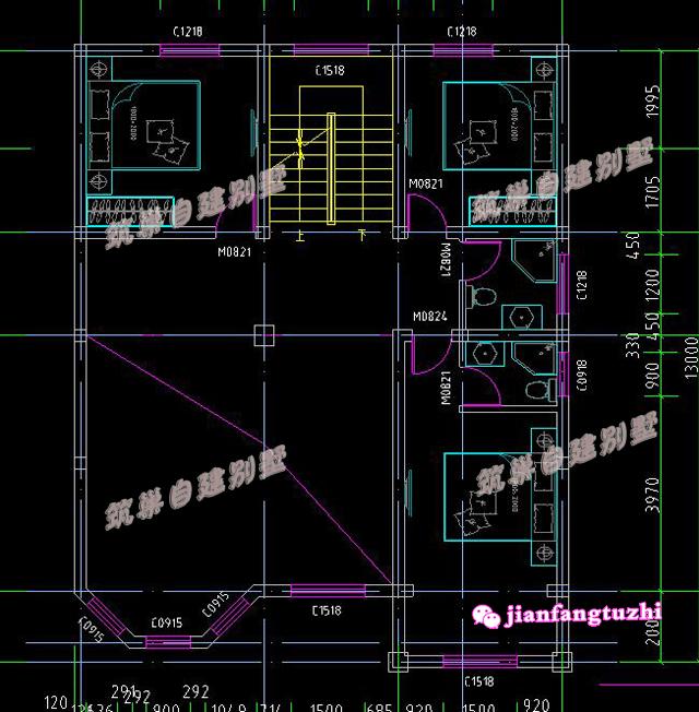 實(shí)用四層農(nóng)村別墅設(shè)計(jì)圖，10x13米2廳9臥，空間利用高。