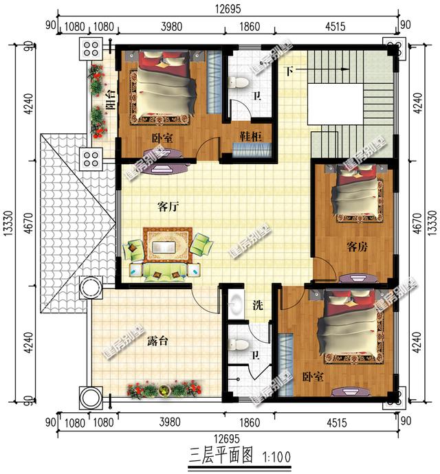 三層別墅設(shè)計(jì)圖，主屋不設(shè)餐廳廚房，讓您遠(yuǎn)離油煙。