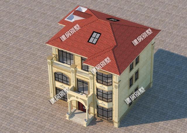 三層別墅設(shè)計圖，內(nèi)設(shè)健身房、開放式廚房，還有飄窗、旋轉(zhuǎn)樓梯。