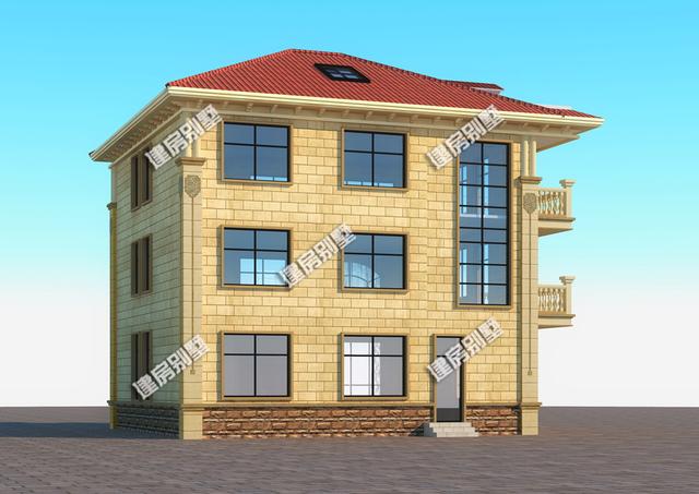 三層別墅設(shè)計圖，內(nèi)設(shè)健身房、開放式廚房，還有飄窗、旋轉(zhuǎn)樓梯。