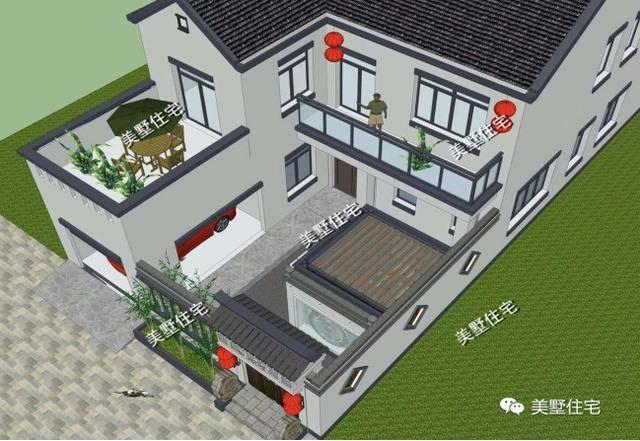 小宅基地中式合院設(shè)計圖，10x21小別墅，4室1廳帶車庫。