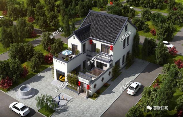 小宅基地中式合院設(shè)計圖，10x21小別墅，4室1廳帶車庫。