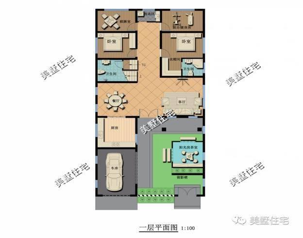 小宅基地中式合院設(shè)計圖，10x21小別墅，4室1廳帶車庫。