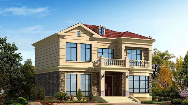 美式簡約風(fēng)二層農(nóng)村別墅設(shè)計圖，12X10.8米，落地采光窗+坡屋頂