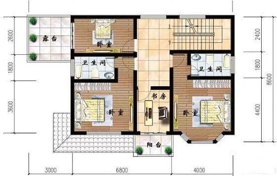 帶閣樓的二層自建房設(shè)計(jì)圖，占地103平米，四室三廳帶獨(dú)立廚房