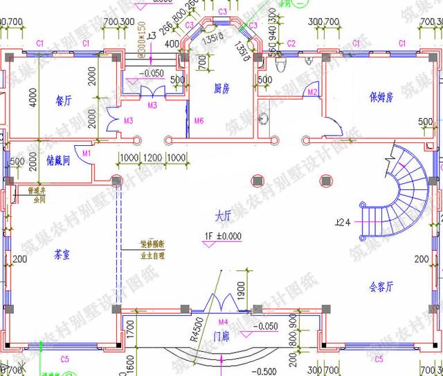 四層農(nóng)村別墅設(shè)計(jì)圖，框架結(jié)構(gòu)，帶挑空客廳+落地窗+旋轉(zhuǎn)樓梯