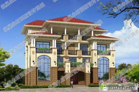 四層農(nóng)村別墅設(shè)計(jì)圖，框架結(jié)構(gòu)，帶挑空客廳+落地窗+旋轉(zhuǎn)樓梯