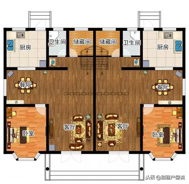 16×11米農(nóng)村二層雙拼別墅設(shè)計(jì)圖，功能分區(qū)合理