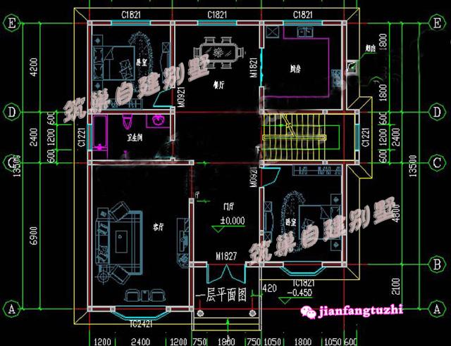 12.6米x13.5米農(nóng)村二層自建房，戶(hù)型簡(jiǎn)約方正，造價(jià)經(jīng)濟(jì)（含2張效果圖全套施工圖）