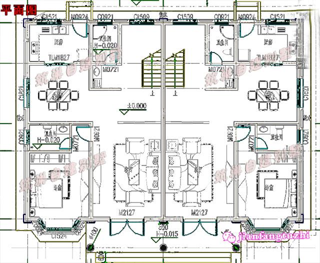 16.8米x12.8米農(nóng)村雙拼二層別墅設(shè)計圖，精致漂亮，造價40萬！