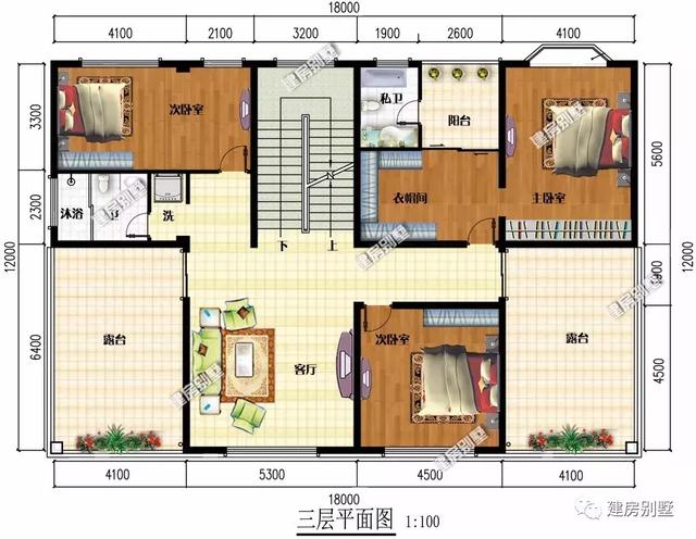 18米×12米平屋頂三層別墅設(shè)計(jì)圖，帶堂屋和雙露臺(tái)，簡(jiǎn)約又實(shí)用，適合大家庭居住。