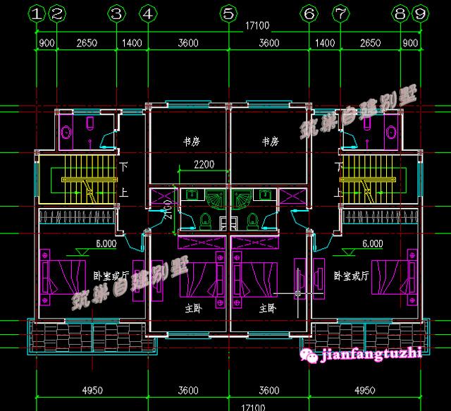 17米x10.8米三層雙拼別墅設(shè)計(jì)圖，適合二代居或三代居，造價(jià)低廉