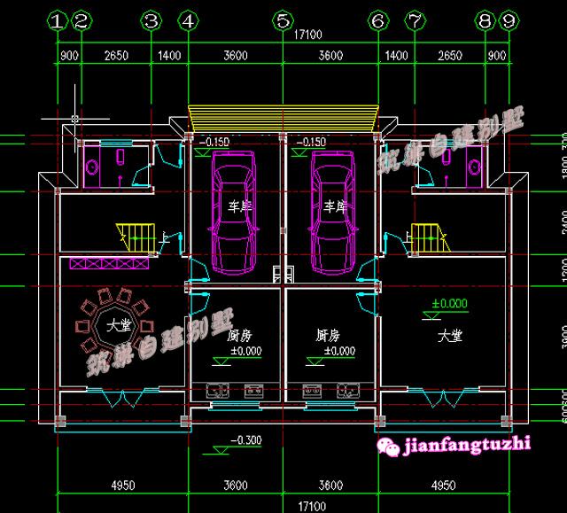 17米x10.8米三層雙拼別墅設(shè)計(jì)圖，適合二代居或三代居，造價(jià)低廉