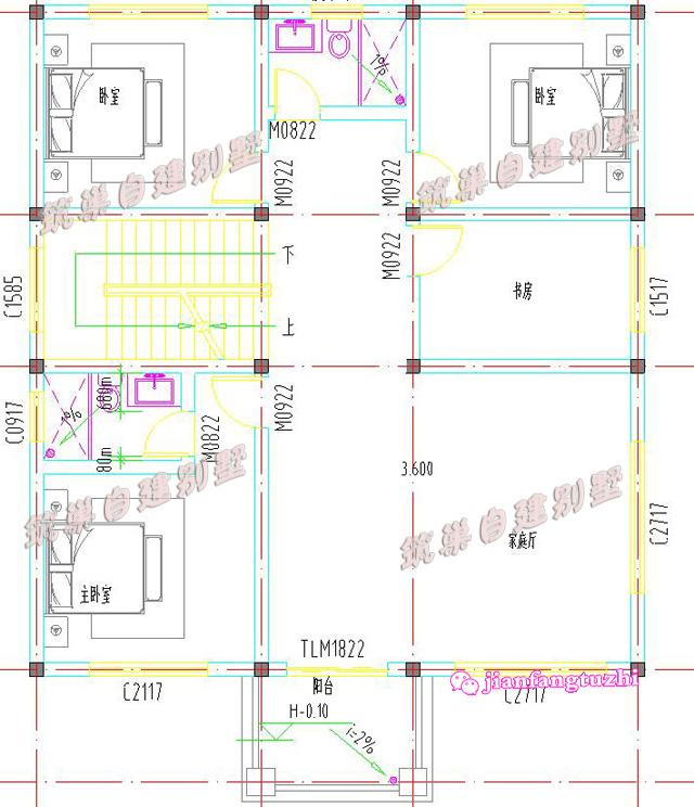 三層小洋樓別墅設(shè)計(jì)圖，旋轉(zhuǎn)樓梯車(chē)庫(kù)露臺(tái)，面寬11米。