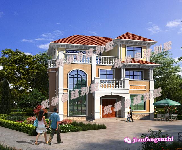 三層小洋樓別墅設(shè)計(jì)圖，旋轉(zhuǎn)樓梯車(chē)庫(kù)露臺(tái)，面寬11米。