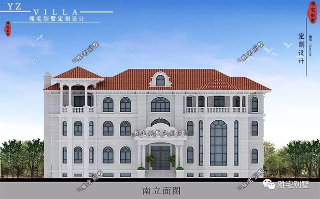 三層千平歐式豪華別墅設(shè)計(jì)圖，挑空客廳，頂層八角涼亭。