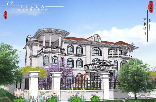 三層千平歐式豪華別墅設(shè)計(jì)圖，挑空客廳，頂層八角涼亭。