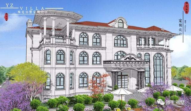 三層千平歐式豪華別墅設(shè)計(jì)圖，挑空客廳，頂層八角涼亭。