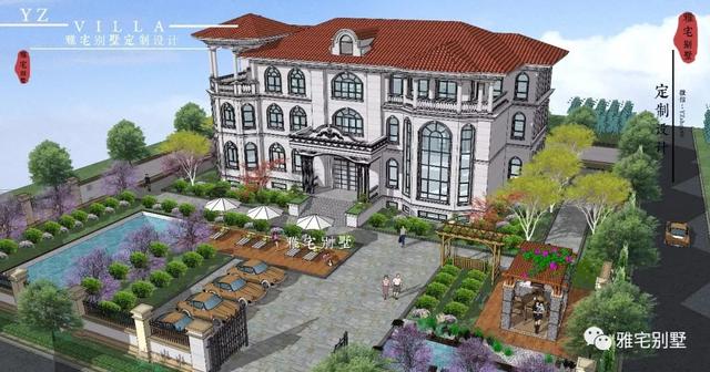 三層千平歐式豪華別墅設(shè)計(jì)圖，挑空客廳，頂層八角涼亭。