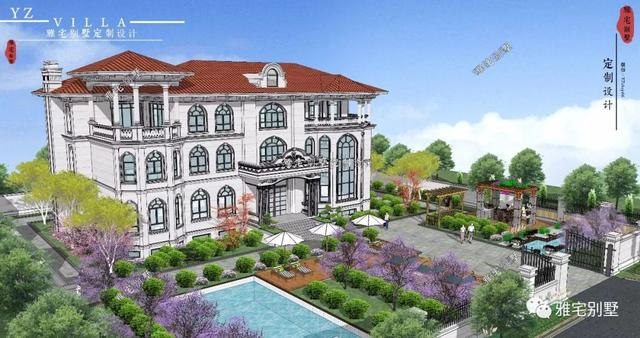 三層千平歐式豪華別墅設(shè)計(jì)圖，挑空客廳，頂層八角涼亭。