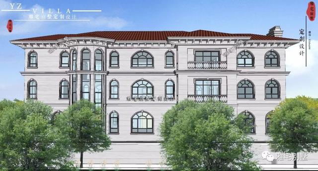 三層千平歐式豪華別墅設(shè)計(jì)圖，挑空客廳，頂層八角涼亭。