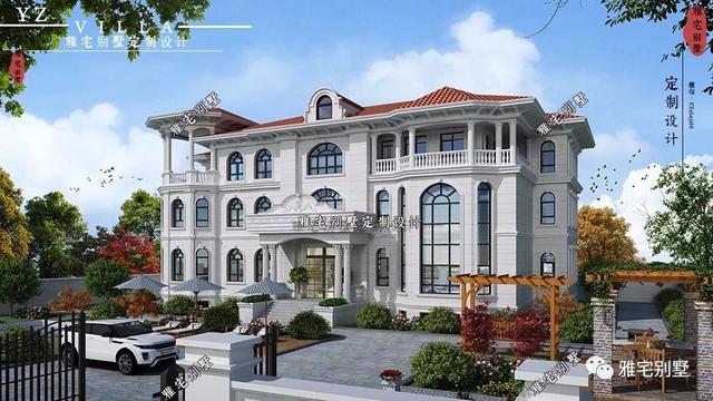 三層千平歐式豪華別墅設(shè)計(jì)圖，挑空客廳，頂層八角涼亭。