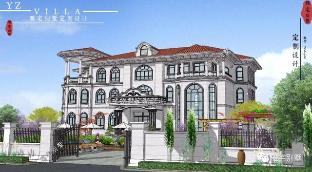 三層千平歐式豪華別墅設(shè)計(jì)圖，挑空客廳，頂層八角涼亭。