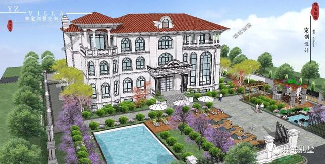 三層千平歐式豪華別墅設(shè)計(jì)圖，挑空客廳，頂層八角涼亭。