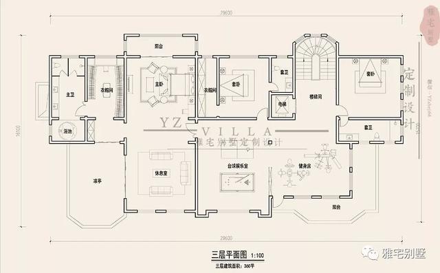 三層千平歐式豪華別墅設(shè)計(jì)圖，挑空客廳，頂層八角涼亭。