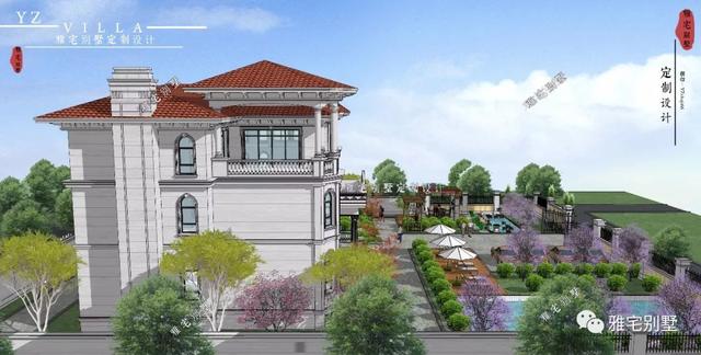 三層千平歐式豪華別墅設(shè)計(jì)圖，挑空客廳，頂層八角涼亭。