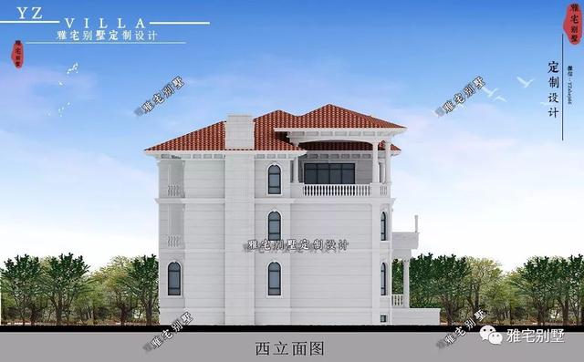 三層千平歐式豪華別墅設(shè)計(jì)圖，挑空客廳，頂層八角涼亭。