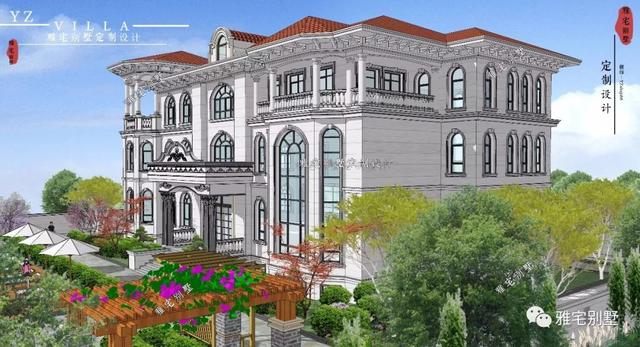 三層千平歐式豪華別墅設(shè)計(jì)圖，挑空客廳，頂層八角涼亭。